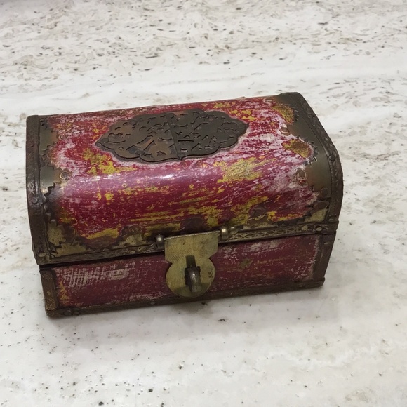 Vintage Other - Vintage Miniature Wooden & Brass Treasure Trunk